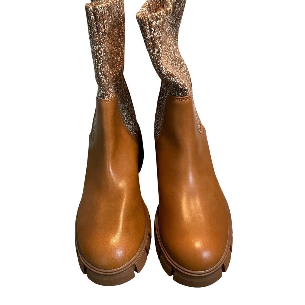 Womens‎ Cognac Brown Knit Cuff Lug Sole Ankle Boots Chunky Heel Comfortable